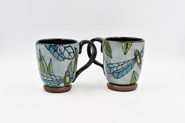 Dragonfly Ceramic Mug Handmade Gift | Pottery Coffee Cup | Cute Stoneware Hand Painted Art in Black, Blue, Gray | Dishwasher + Microwave