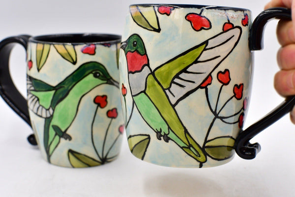 Hummingbird Handmade Pottery Mug Gift for Mother's Day, Ceramic Coffee Cup, Stoneware Hand Painted Hand Drawn, Microwave Safe, Ready to Ship