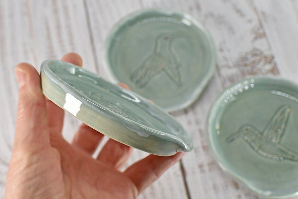 Hummingbird Ceramic Stove Top Spoon Rest, Handmade Kitchen Counter Organization Stoneware Pottery in Pale Gray Blue