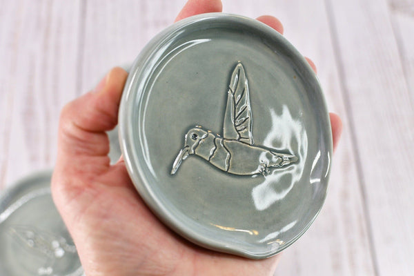 Hummingbird Ceramic Stove Top Spoon Rest, Handmade Kitchen Counter Organization Stoneware Pottery in Pale Gray Blue