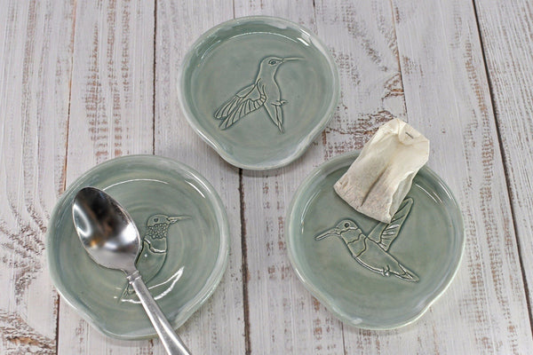 Hummingbird Ceramic Stove Top Spoon Rest, Handmade Kitchen Counter Organization Stoneware Pottery in Pale Gray Blue