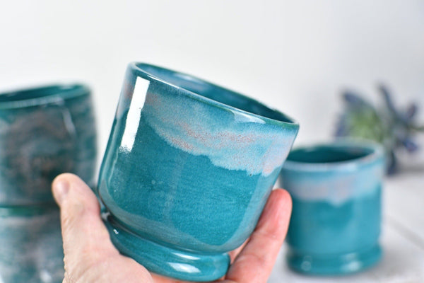 Stemless Ceramic Wine Tumbler Handmade with Thumb Dent, Cocktail Whiskey Bourbon Scotch Cup Stoneware Pottery in Turquoise and Beachy White