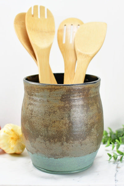 Ceramic Utensil Holder Crock for Kitchen Countertop, Pottery Organizer in Bronze and Sage Green, Flower Pot or Housewarming Gift
