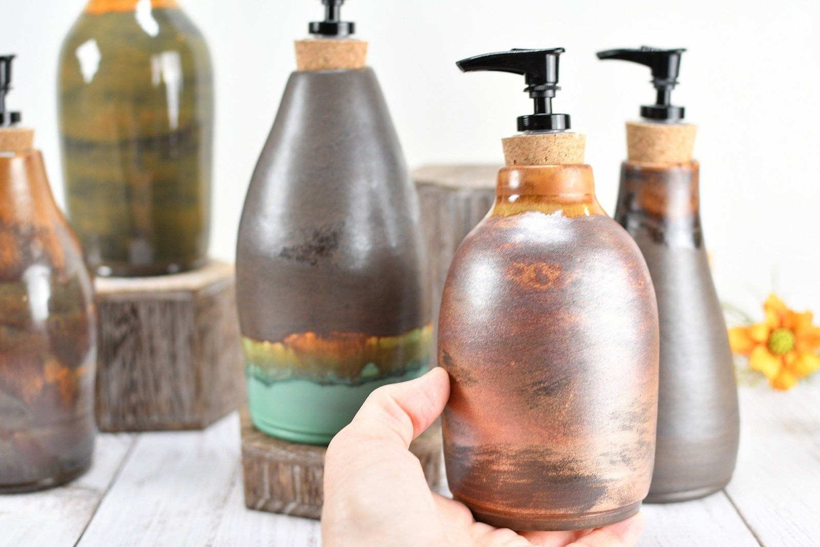 Handmade Ceramic Lotion / Soap Dispenser Stoneware Pottery in Bronze, Copper, Rust Orange, and Turquoise for Bathroom and Kitchen Decor