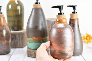 Handmade Ceramic Lotion / Soap Dispenser Stoneware Pottery in Bronze, Copper, Rust Orange, and Turquoise for Bathroom and Kitchen Decor