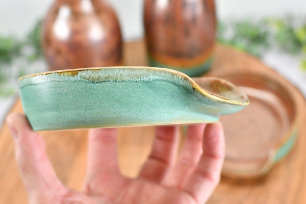 Ceramic Lotion / Soap Dispenser & Stove Top Spoon Rest Handmade Stoneware Pottery in Copper and Sage Green Turquoise for Kitchen Bathroom