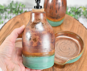 Ceramic Lotion / Soap Dispenser & Stove Top Spoon Rest Handmade Stoneware Pottery in Copper and Sage Green Turquoise for Kitchen Bathroom