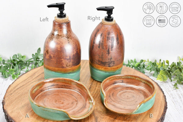 Ceramic Lotion / Soap Dispenser & Stove Top Spoon Rest Handmade Stoneware Pottery in Copper and Sage Green Turquoise for Kitchen Bathroom