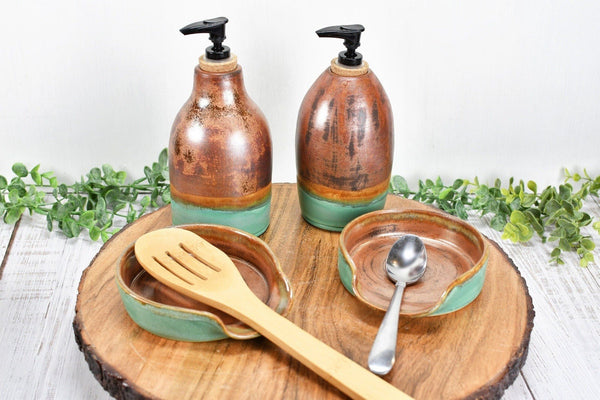 Ceramic Lotion / Soap Dispenser & Stove Top Spoon Rest Handmade Stoneware Pottery in Copper and Sage Green Turquoise for Kitchen Bathroom