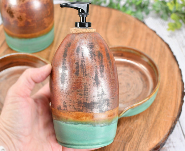 Ceramic Lotion / Soap Dispenser & Stove Top Spoon Rest Handmade Stoneware Pottery in Copper and Sage Green Turquoise for Kitchen Bathroom