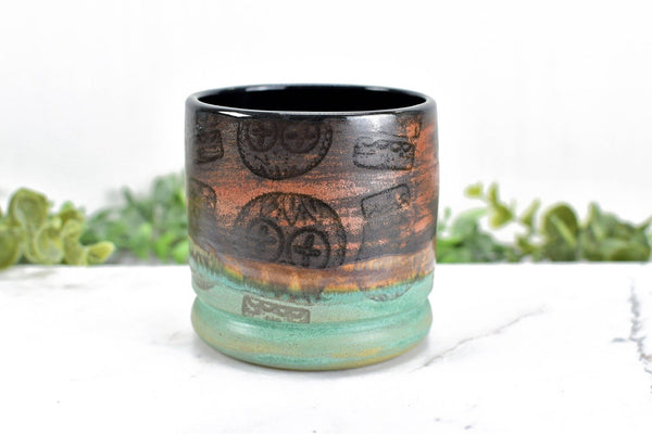 Sugar Skull Copper Whiskey Bourbon Tumbler, Handmade Ceramic Pottery Scotch Barware Anniversary or Gift for Groomsman in Black, Patina Green